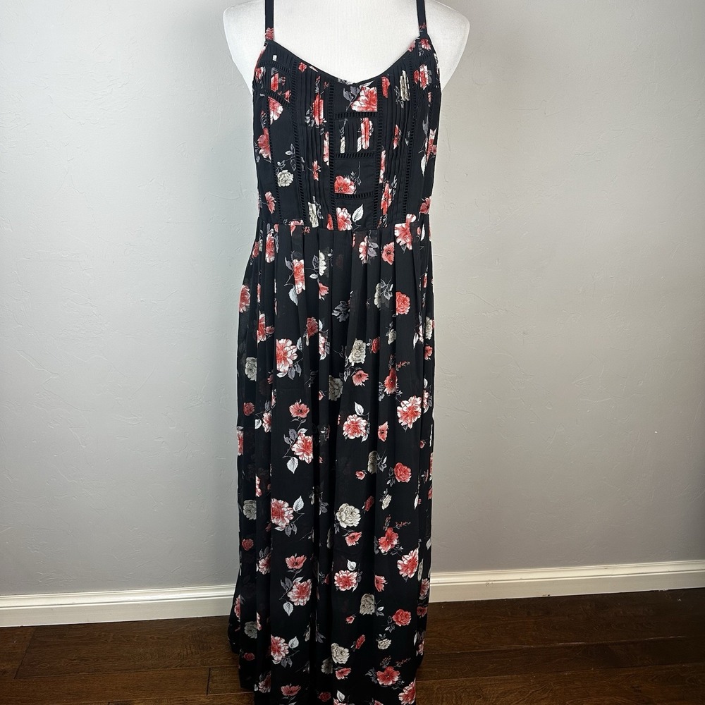 Torrid Size 1 NWOT Floral Maxi Dress Black Chiffon Lace Insets Sleeveless Plus